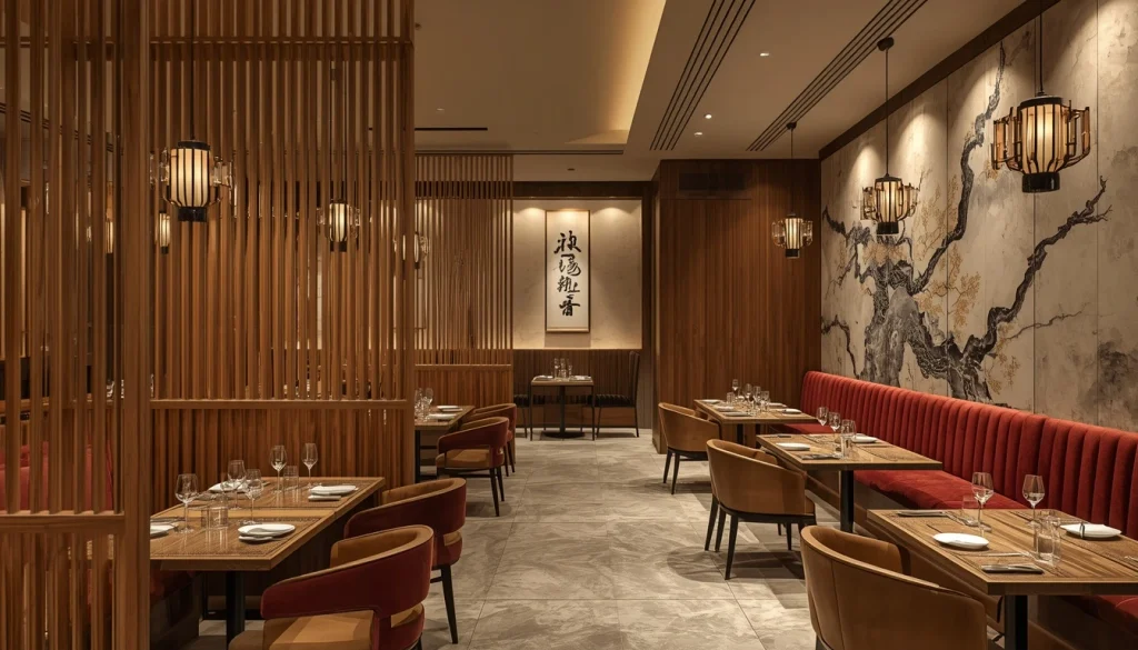 Contemporary Chinese restaurant interior with wood screens and subtle cultural details
