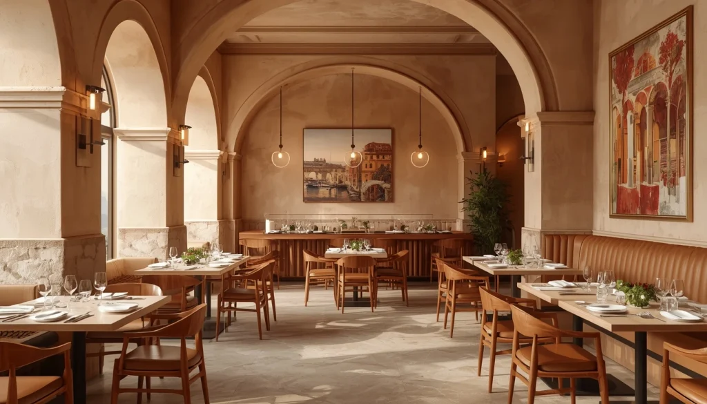 Italian restaurant interior design with warm wood, terracotta and Mediterranean details