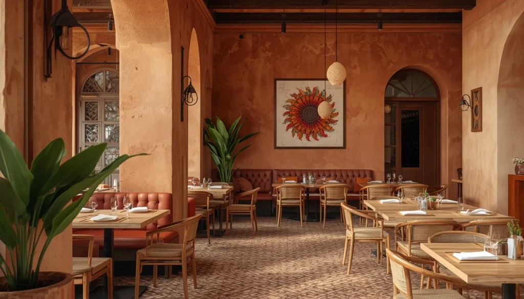 Contemporary Mexican restaurant interior with terracotta colors, tiles and natural textures

