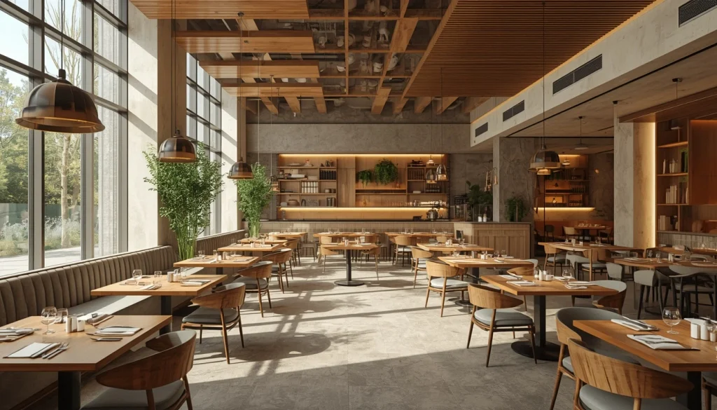 Modern restaurant interior design with natural wood furniture and warm lighting